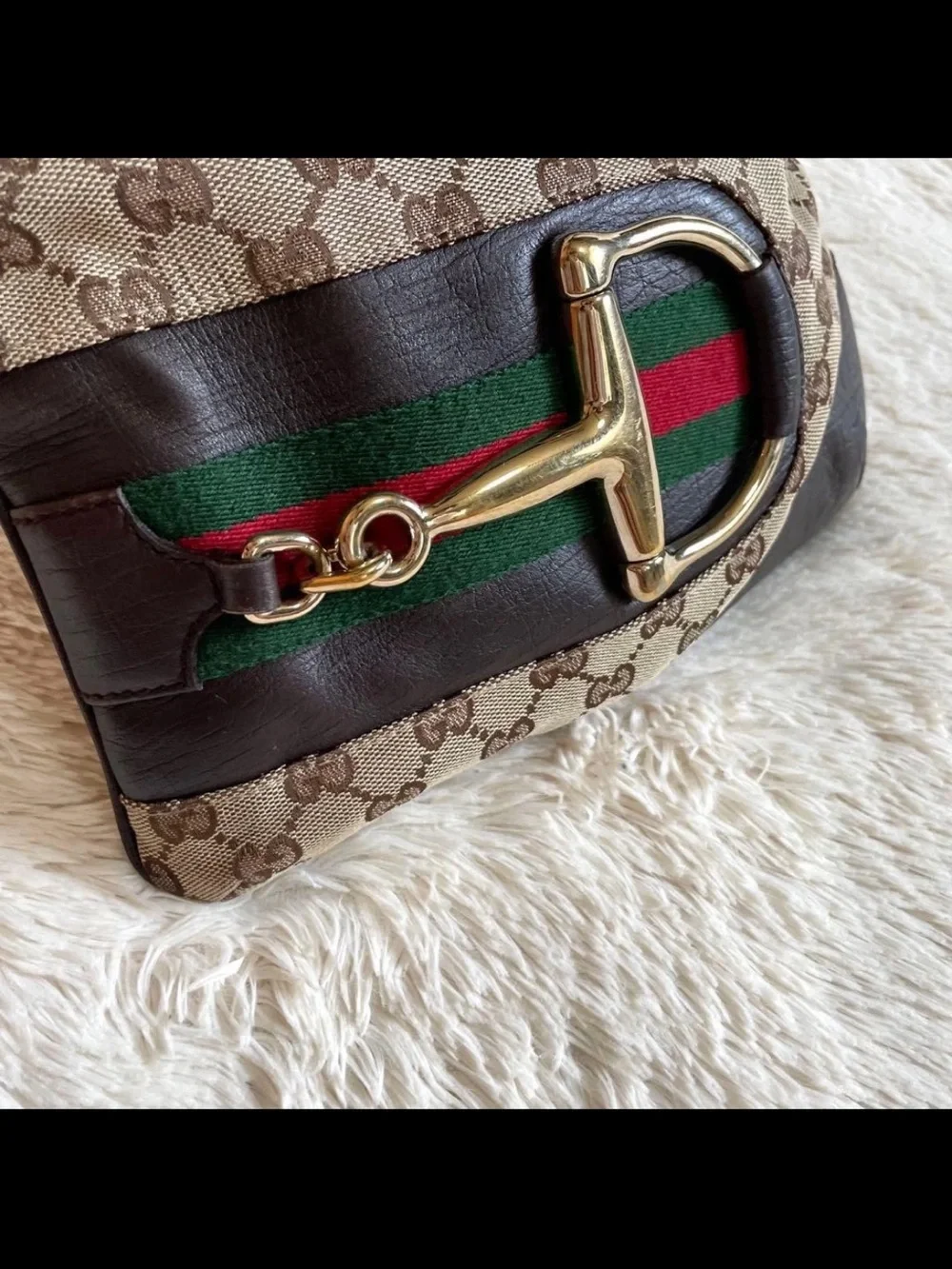 Gucci Brown GG Canvas Crossbody Bag with Red-Green Web and Gold Tone Hardware